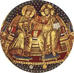 Jesus krönt Maria, das Urbild aller Gläubigen (Mosaik): "Wer siegt, der darf mit mir auf meinem Thron sitzen ..." (Offb 3,21) 